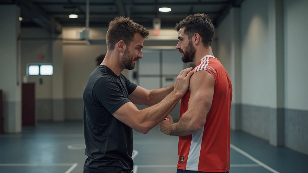 مدرب رياضي يوجه لاعب كرة يد حول تحسين المرونة البدنية