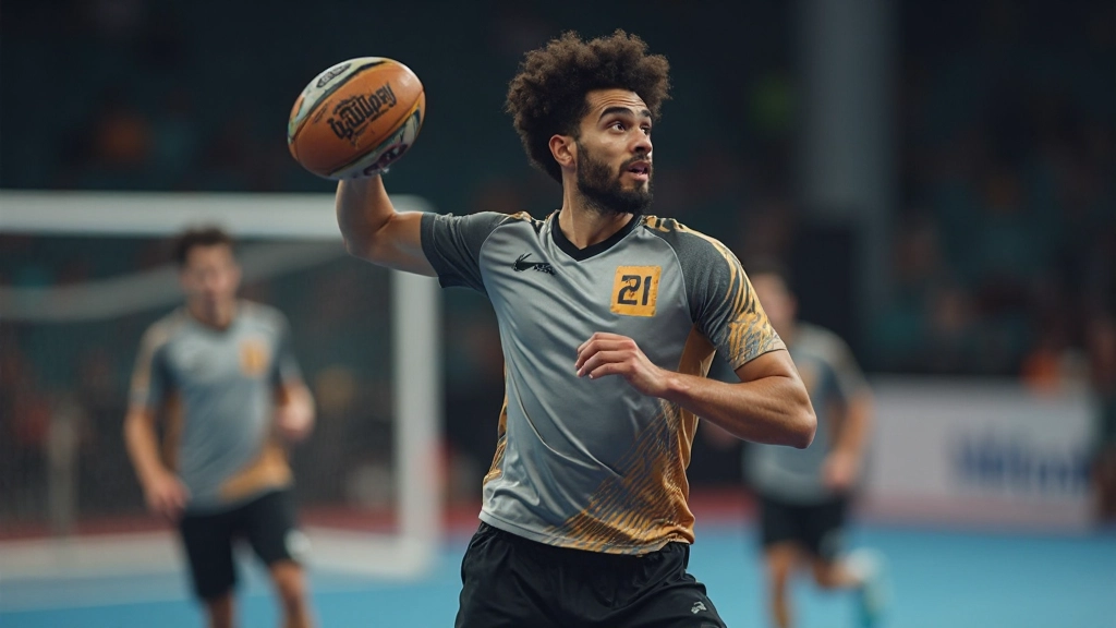 لاعب كرة يد محترف يؤدي تمرين رمي متقدم في الملعب