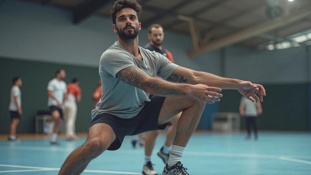 لاعب كرة يد يمارس تمارين إحماء في صالة رياضية