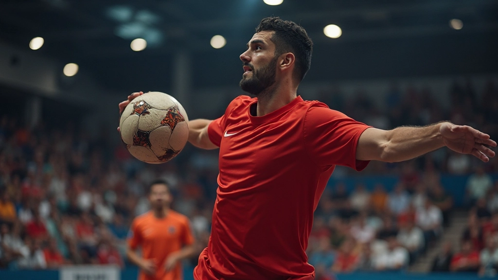 لاعب يقوم برمية قوية أثناء مباراة كرة يد احترافية